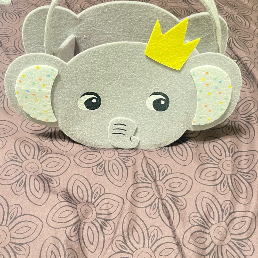 Gray Elephant Felt Basket with Yellow Crown